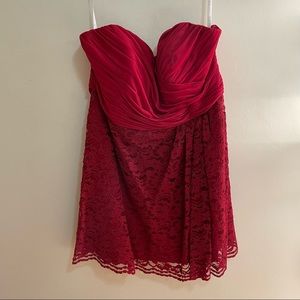 David’s Bridal red, strapless bridesmaid dress, mini dress, size 18